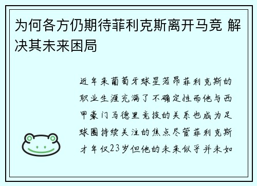 为何各方仍期待菲利克斯离开马竞 解决其未来困局