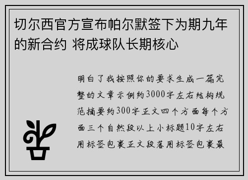 切尔西官方宣布帕尔默签下为期九年的新合约 将成球队长期核心