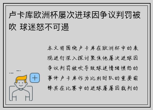 卢卡库欧洲杯屡次进球因争议判罚被吹 球迷怒不可遏